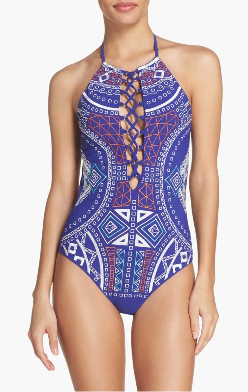 Trina Turk Jakarta Embroidered High Neck Swimsuit Size 10 Colorful One Piece